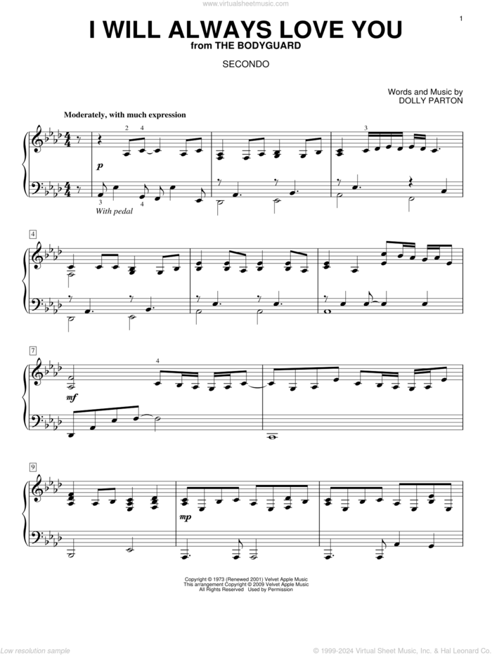 I Will Always Love You sheet music for piano four hands by Dolly Parton and Whitney Houston, wedding score, intermediate skill level