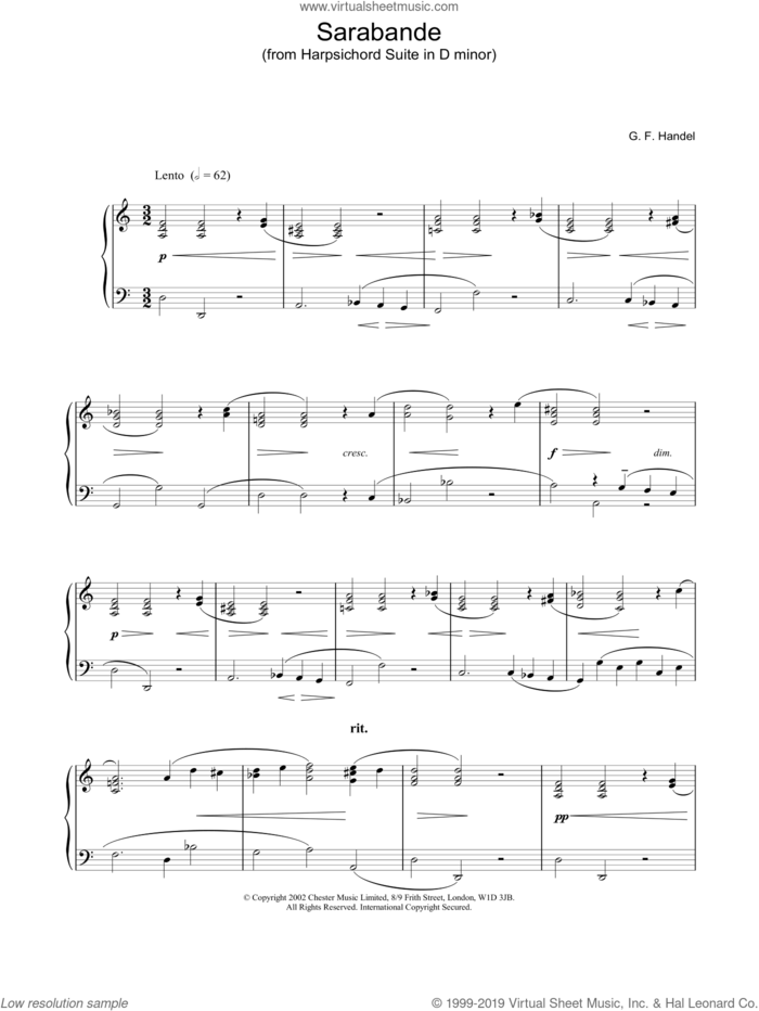 Sarabande sheet music for piano solo by George Frideric Handel, classical score, intermediate skill level
