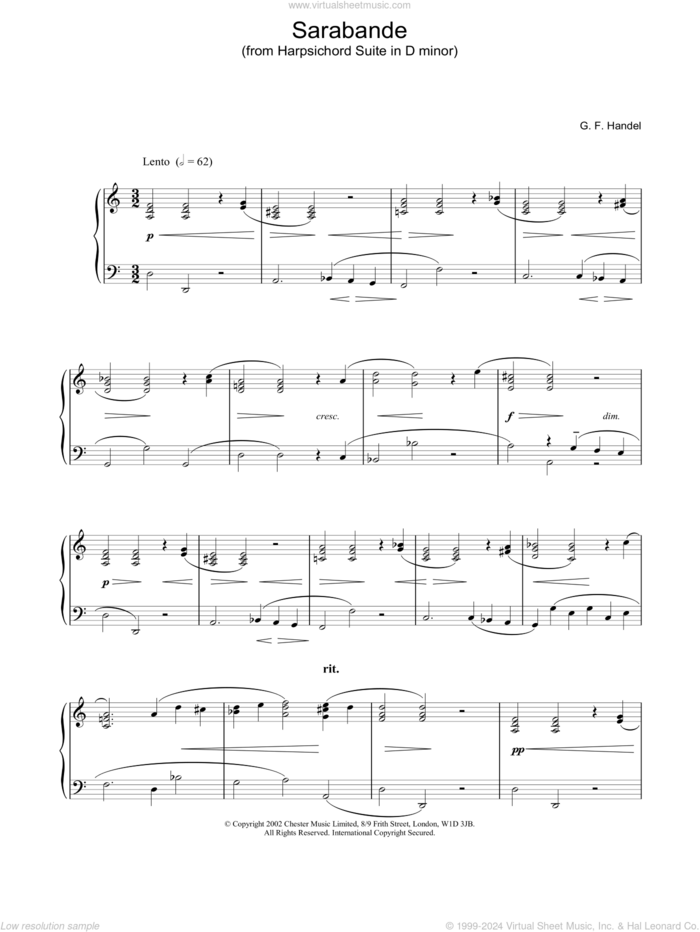 Sarabande sheet music for piano solo by George Frideric Handel, classical score, intermediate skill level