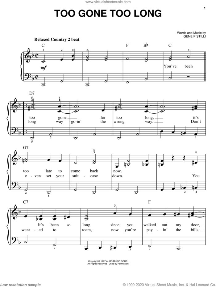 Too Gone Too Long sheet music for piano solo by Randy Travis and Gene Pistilli, easy skill level