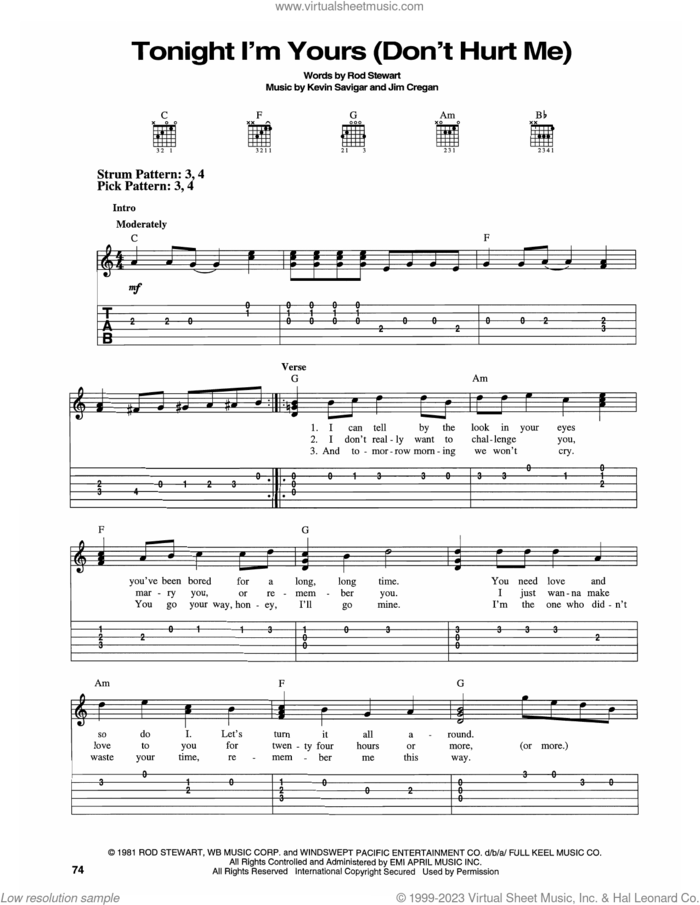 Tonight I'm Yours (Don't Hurt Me) sheet music for guitar solo (easy tablature) by Rod Stewart, Jim Cregan and Kevin Savigar, easy guitar (easy tablature)