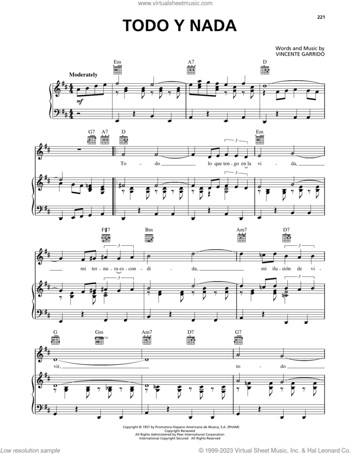 Todo Y Nada sheet music for voice, piano or guitar by Vicente Garrido, intermediate skill level