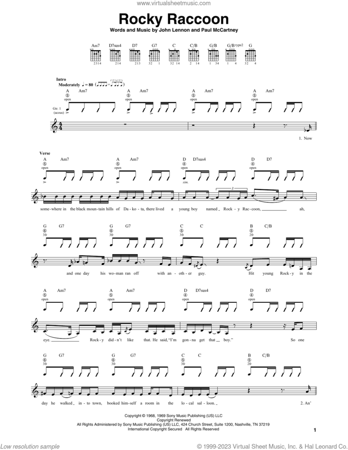 Rocky Raccoon sheet music for guitar (tablature) by The Beatles, John Lennon and Paul McCartney, intermediate skill level