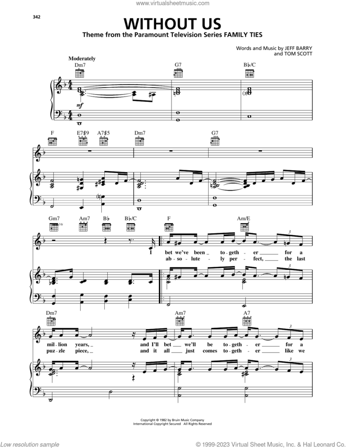 Without Us (from Family Ties) sheet music for voice, piano or guitar by Jeff Barry and Tommy Scott, intermediate skill level
