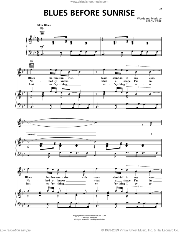 Blues Before Sunrise sheet music for voice, piano or guitar by Leroy Carr, intermediate skill level