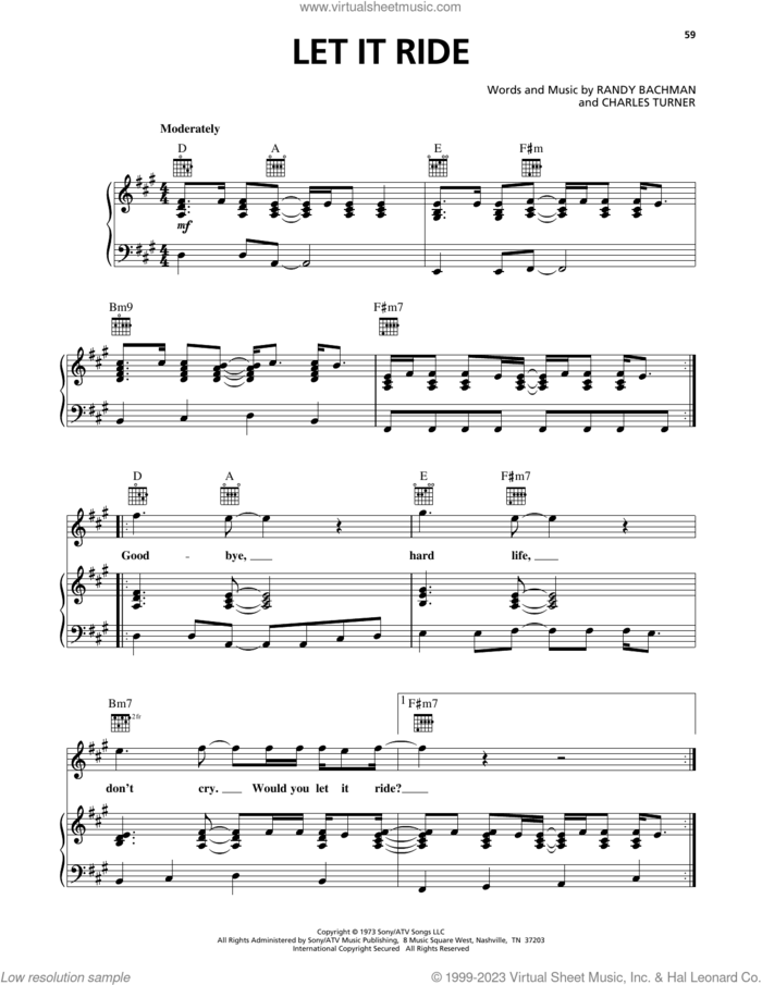 Let It Ride sheet music for voice, piano or guitar by Bachman-Turner Overdrive, Charles Turner and Randy Bachman, intermediate skill level