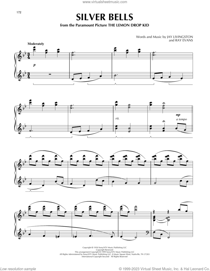 Silver Bells sheet music for piano solo by Jay Livingston and Ray Evans, intermediate skill level