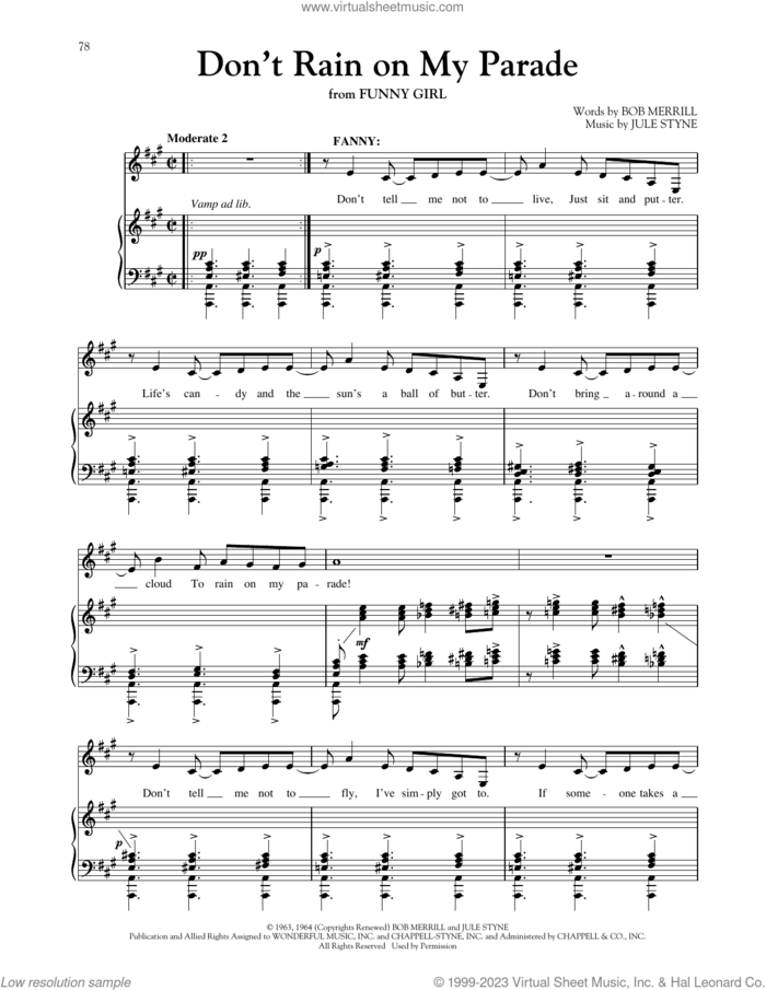 Don't Rain On My Parade (from Funny Girl) (ed. Richard Walters) sheet music for voice and piano by Jule Styne, Richard Walters and Bob Merrill, intermediate skill level