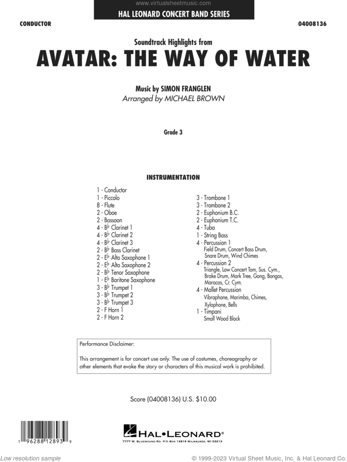 Soundtrack Highlights from Avatar: The Way of Water (arr. Brown) sheet music for concert band (full score) by Simon Franglen and Michael Brown, intermediate skill level