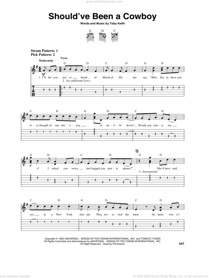Should've Been A Cowboy sheet music for guitar solo (easy tablature) by Toby Keith, easy guitar (easy tablature)