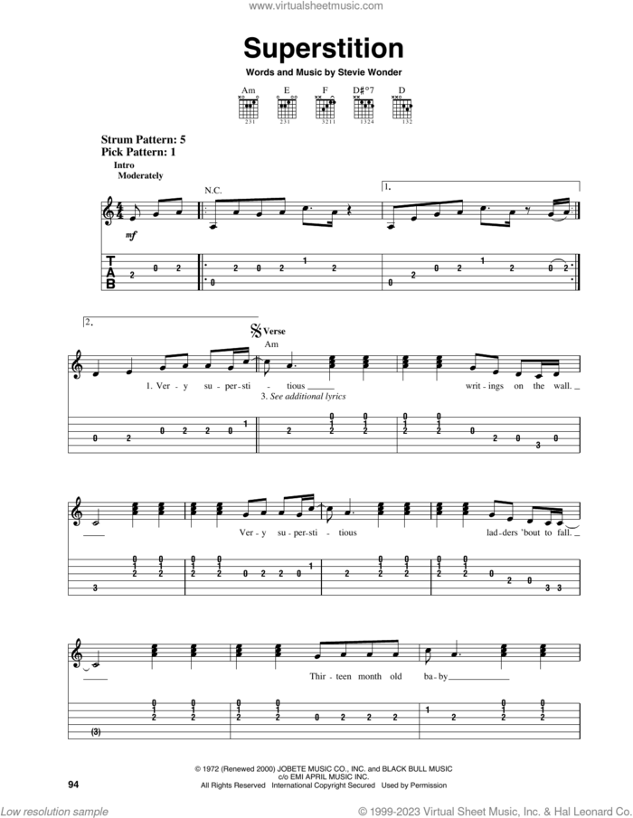 Superstition sheet music for guitar solo (easy tablature) by Stevie Wonder, easy guitar (easy tablature)