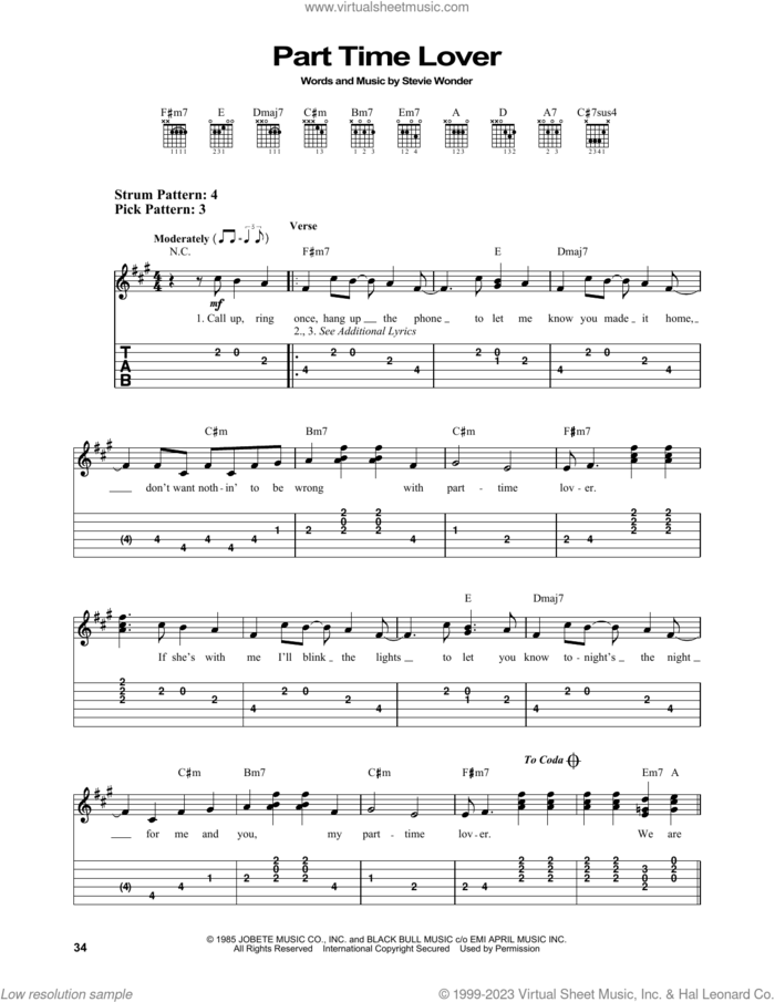 Part-Time Lover sheet music for guitar solo (easy tablature) by Stevie Wonder, easy guitar (easy tablature)
