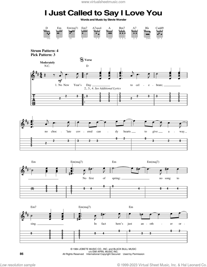 I Just Called To Say I Love You sheet music for guitar solo (easy tablature) by Stevie Wonder, easy guitar (easy tablature)