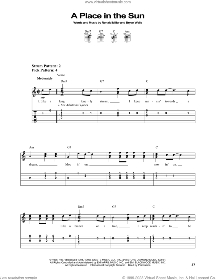 A Place In The Sun sheet music for guitar solo (easy tablature) by Stevie Wonder, Bryan Wells and Ronald N. Miller, easy guitar (easy tablature)