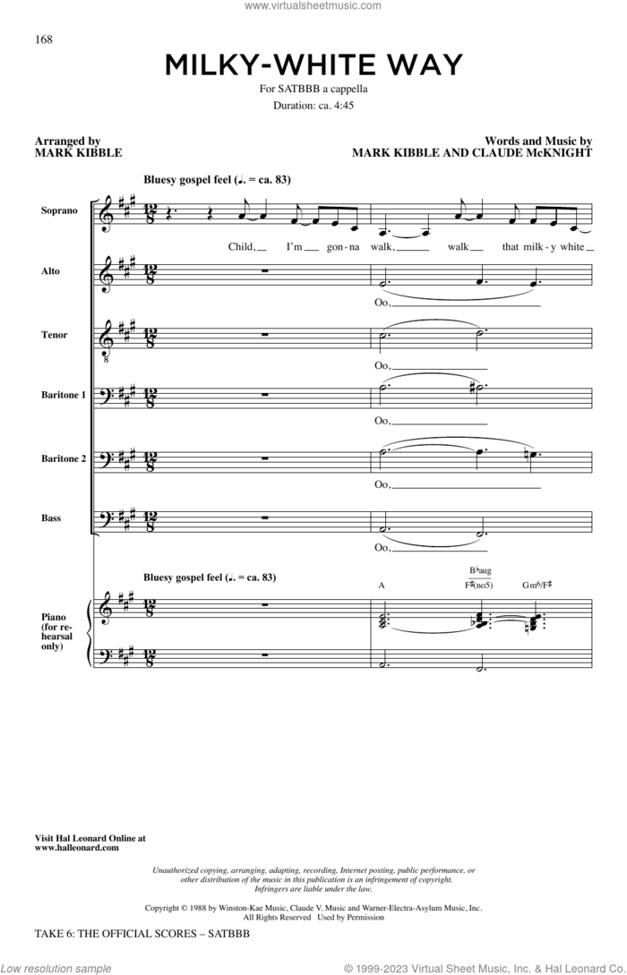 Milky White Way sheet music for choir (SATBBB) by Take 6, Claude McKnight and Mark Kibble, intermediate skill level