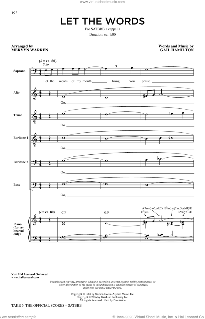 Let The Words sheet music for choir (SATBBB) by Take 6, Gail Hamilton and Mervyn Warren, intermediate skill level