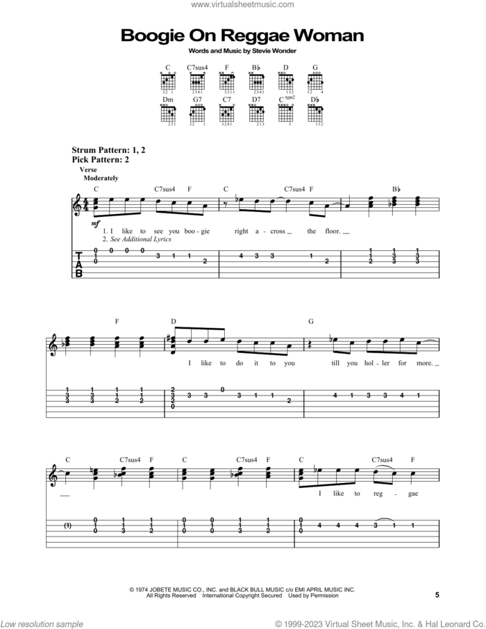 Boogie On Reggae Woman sheet music for guitar solo (easy tablature) by Stevie Wonder, easy guitar (easy tablature)