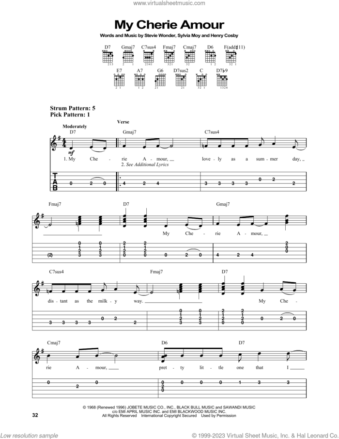My Cherie Amour sheet music for guitar solo (easy tablature) by Stevie Wonder, Henry Cosby and Sylvia Moy, easy guitar (easy tablature)