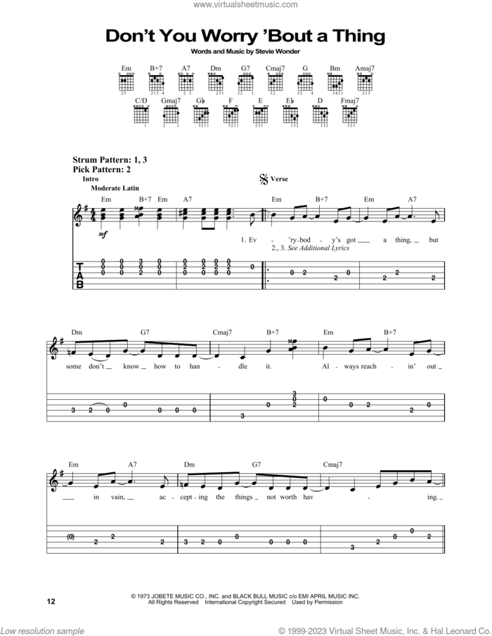 Don't You Worry 'Bout A Thing sheet music for guitar solo (easy tablature) by Stevie Wonder, easy guitar (easy tablature)