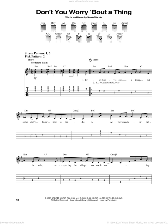 Don't You Worry 'Bout A Thing sheet music for guitar solo (easy tablature) by Stevie Wonder, easy guitar (easy tablature)