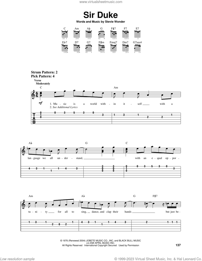 Sir Duke sheet music for guitar solo (easy tablature) by Stevie Wonder, easy guitar (easy tablature)