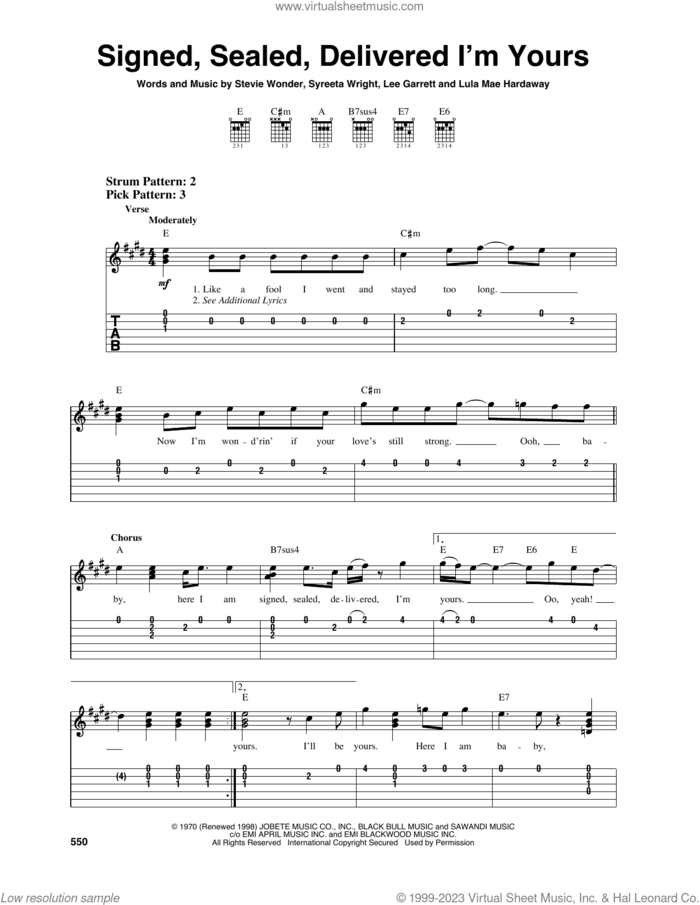 Signed, Sealed, Delivered I'm Yours sheet music for guitar solo (easy tablature) by Stevie Wonder, Lee Garrett, Lula Mae Hardaway and Syreeta Wright, easy guitar (easy tablature)