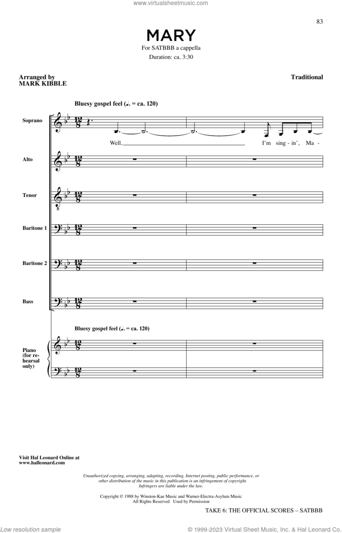 Mary sheet music for choir (SATBBB) by Take 6, Mark Kibble and Miscellaneous, intermediate skill level