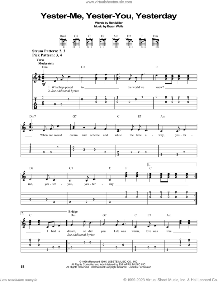 Yester-Me, Yester-You, Yesterday sheet music for guitar solo (easy tablature) by Stevie Wonder, Bryan Wells and Ron Miller, easy guitar (easy tablature)