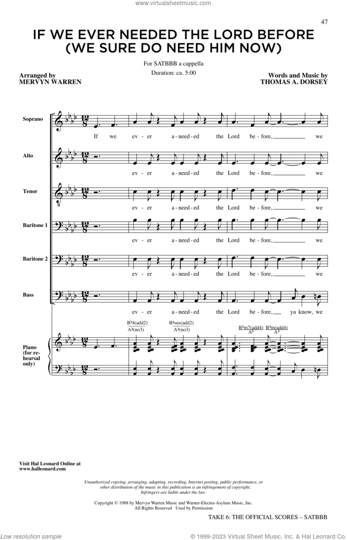 If We Ever (Needed The Lord Before) sheet music for choir (SATBBB) by Take 6, Mervyn Warren and Tommy Dorsey, intermediate skill level