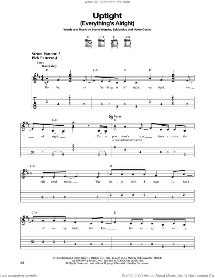 Uptight (Everything's Alright) sheet music for guitar solo (easy tablature) by Stevie Wonder, Henry Cosby and Sylvia Moy, easy guitar (easy tablature)