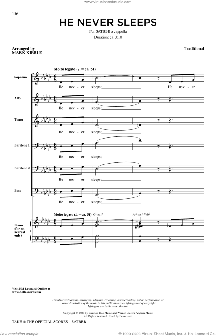 He Never Sleeps sheet music for choir (SATBBB) by Take 6, Mark Kibble and Miscellaneous, intermediate skill level
