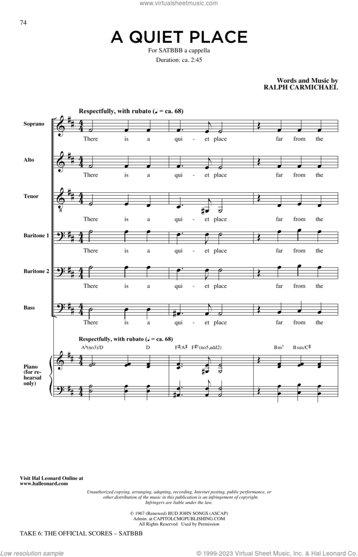A Quiet Place sheet music for choir (SATBBB) by Take 6 and Ralph Carmichael, intermediate skill level