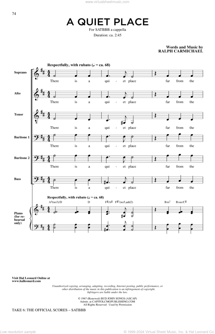 A Quiet Place sheet music for choir (SATBBB) by Take 6 and Ralph Carmichael, intermediate skill level