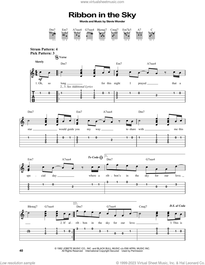 Ribbon In The Sky sheet music for guitar solo (easy tablature) by Stevie Wonder, easy guitar (easy tablature)
