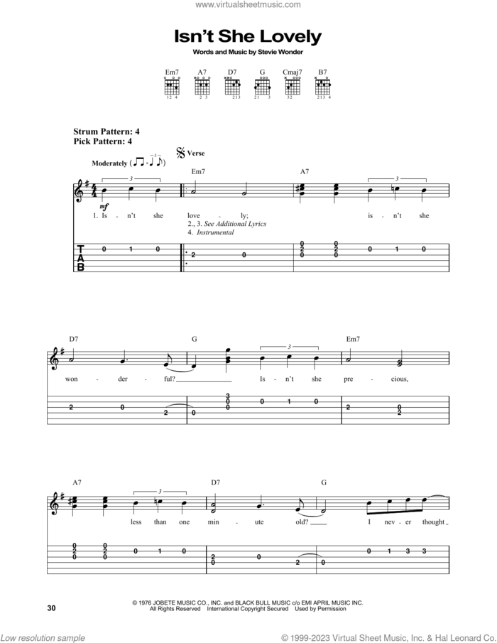 Isn't She Lovely sheet music for guitar solo (easy tablature) by Stevie Wonder, easy guitar (easy tablature)