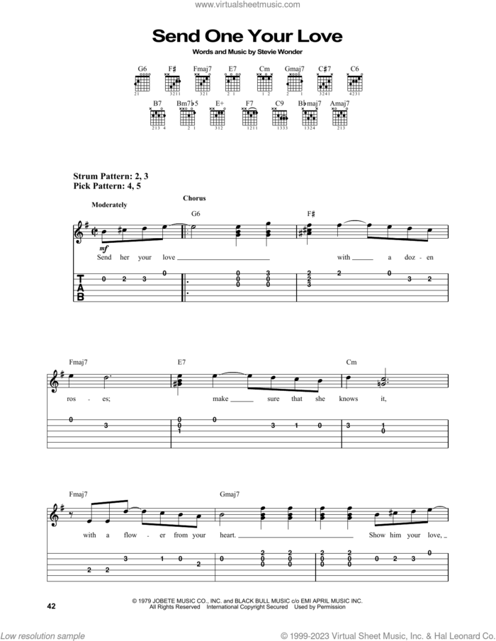 Send One Your Love sheet music for guitar solo (easy tablature) by Stevie Wonder, easy guitar (easy tablature)