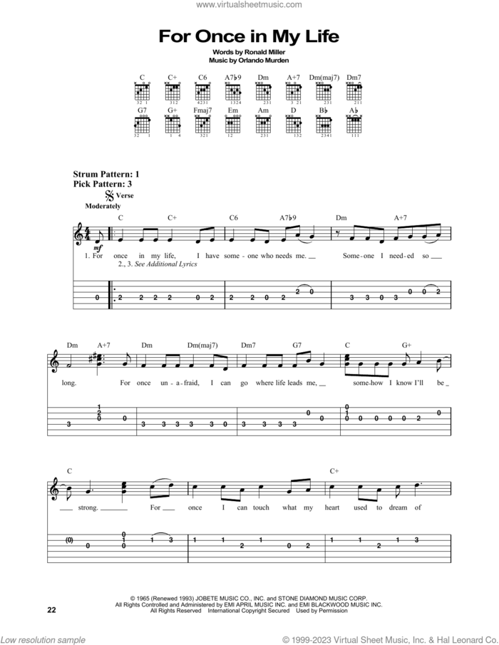 For Once In My Life sheet music for guitar solo (easy tablature) by Stevie Wonder, Orlando Murden and Ron Miller, easy guitar (easy tablature)