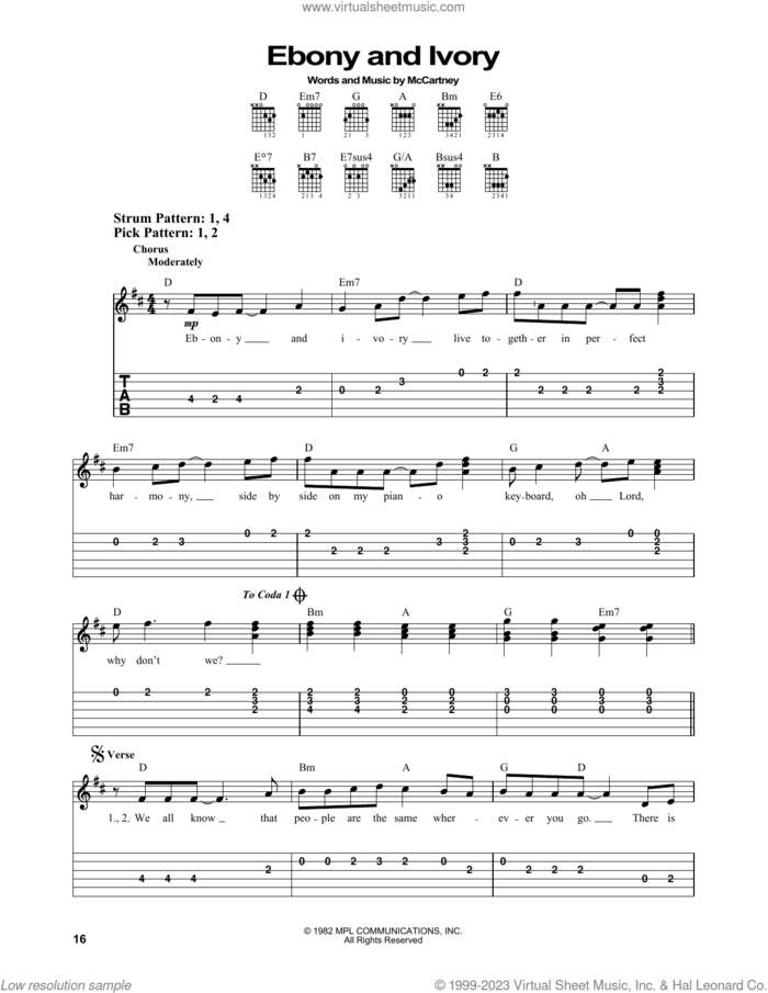 Ebony And Ivory sheet music for guitar solo (easy tablature) by Paul McCartney and Stevie Wonder, Stevie Wonder and Paul McCartney, easy guitar (easy tablature)