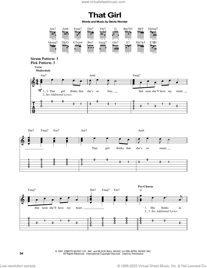 That Girl sheet music for guitar solo (easy tablature) by Stevie Wonder, easy guitar (easy tablature)