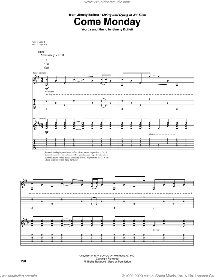 Come Monday sheet music for guitar (tablature) by Jimmy Buffett, intermediate skill level