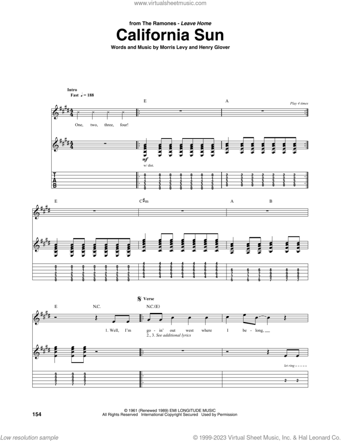 California Sun sheet music for guitar (tablature) by The Rivieras, Joe Jones, Henry Glover and Morris Levy, intermediate skill level