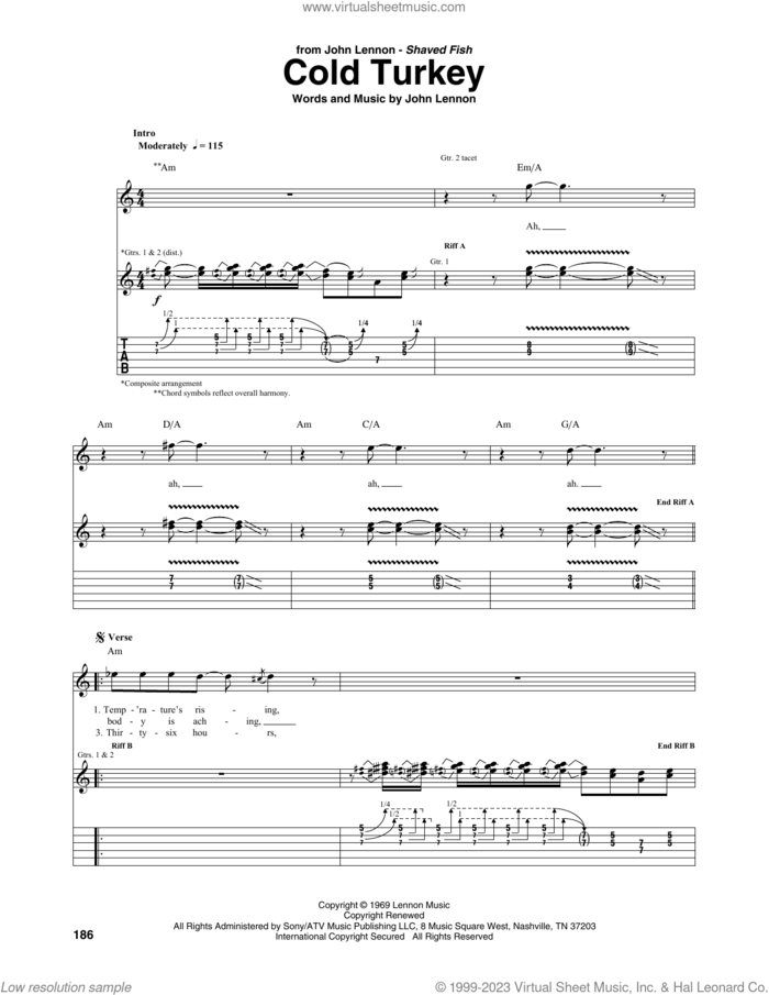 Cold Turkey sheet music for guitar (tablature) by John Lennon and Plastic Ono Band, intermediate skill level
