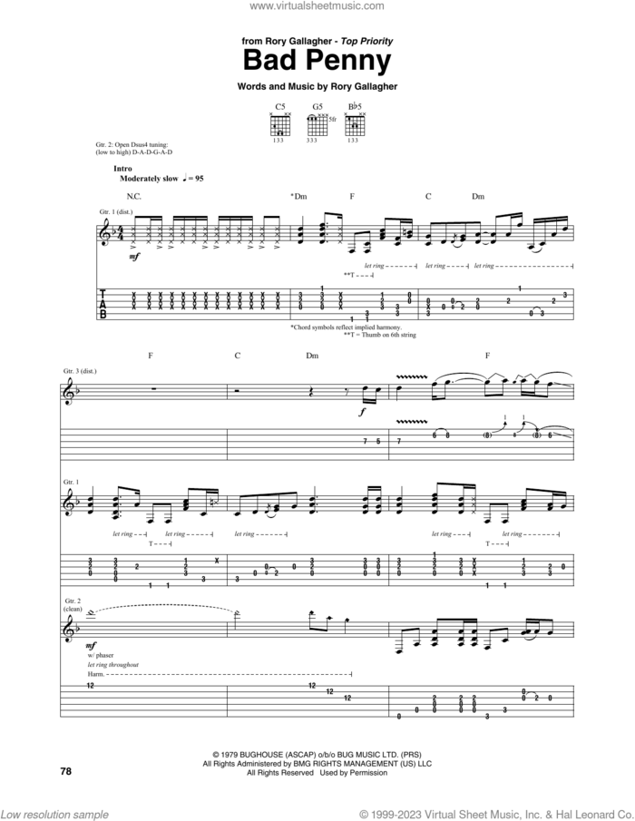 Bad Penny sheet music for guitar (tablature) by Rory Gallagher, intermediate skill level
