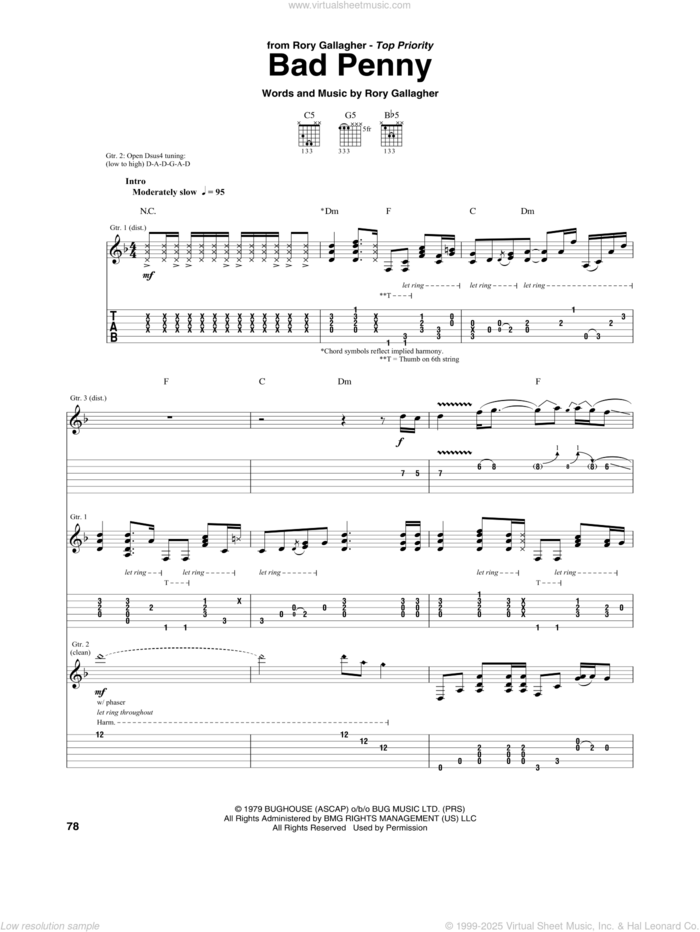 Bad Penny sheet music for guitar (tablature) by Rory Gallagher, intermediate skill level