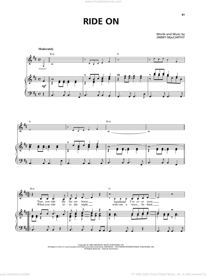 Ride On sheet music for voice and piano by Celtic Thunder, Jimmy MacCarthy and Phil Coulter, intermediate skill level