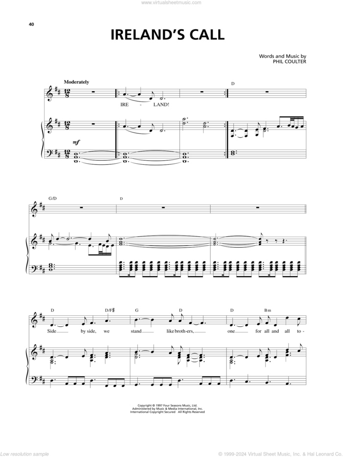 Ireland's Call sheet music for voice and piano by Celtic Thunder and Phil Coulter, intermediate skill level