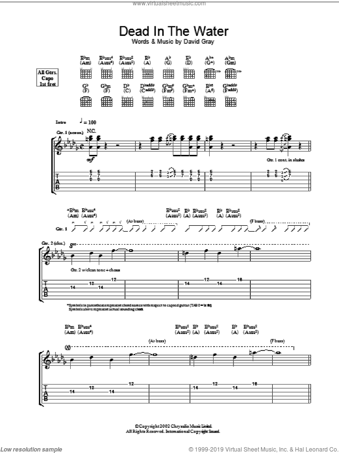 Dead In The Water sheet music for guitar (tablature) by David Gray, intermediate skill level