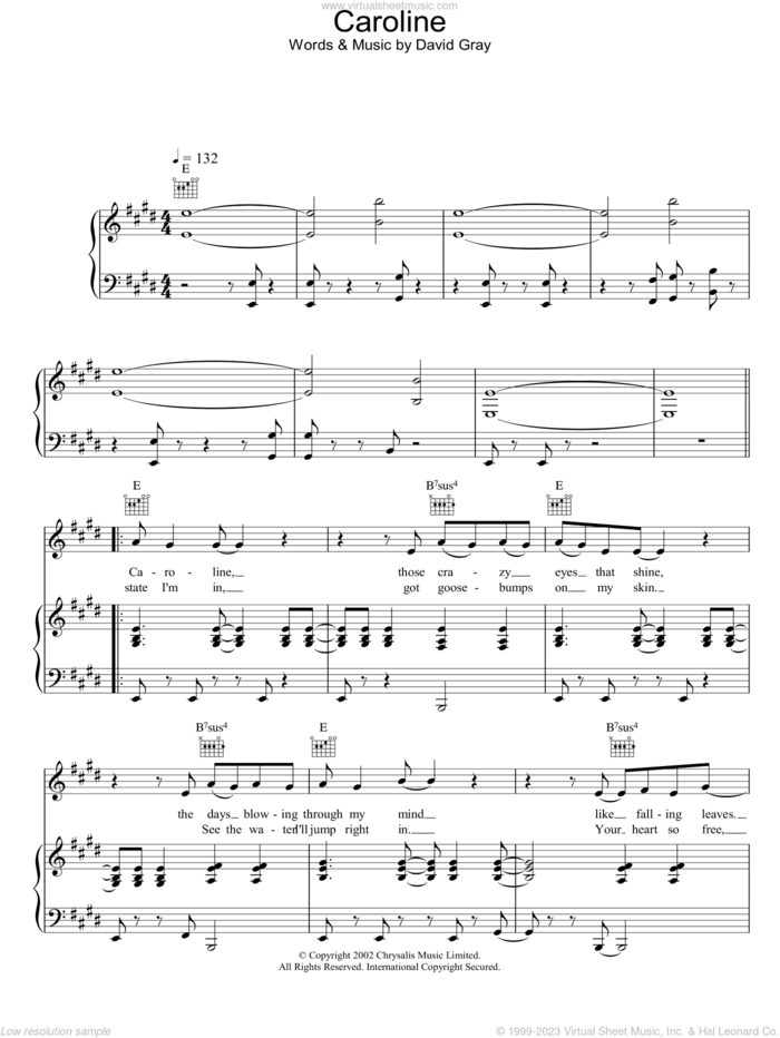Caroline sheet music for voice, piano or guitar by David Gray, intermediate skill level
