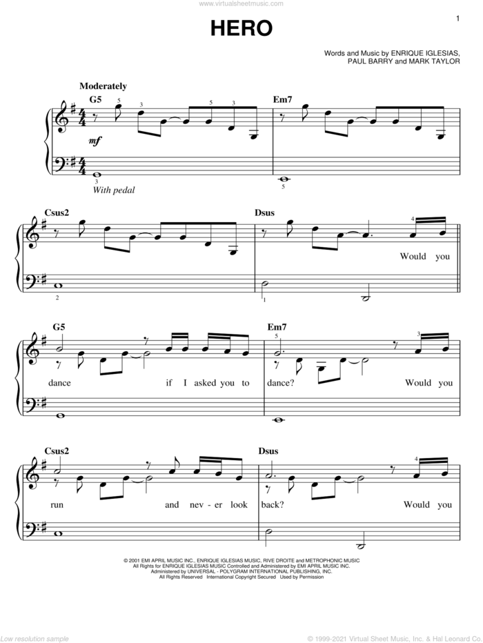 Hero sheet music for piano solo by Enrique Iglesias, Mark Taylor and Paul Barry, easy skill level