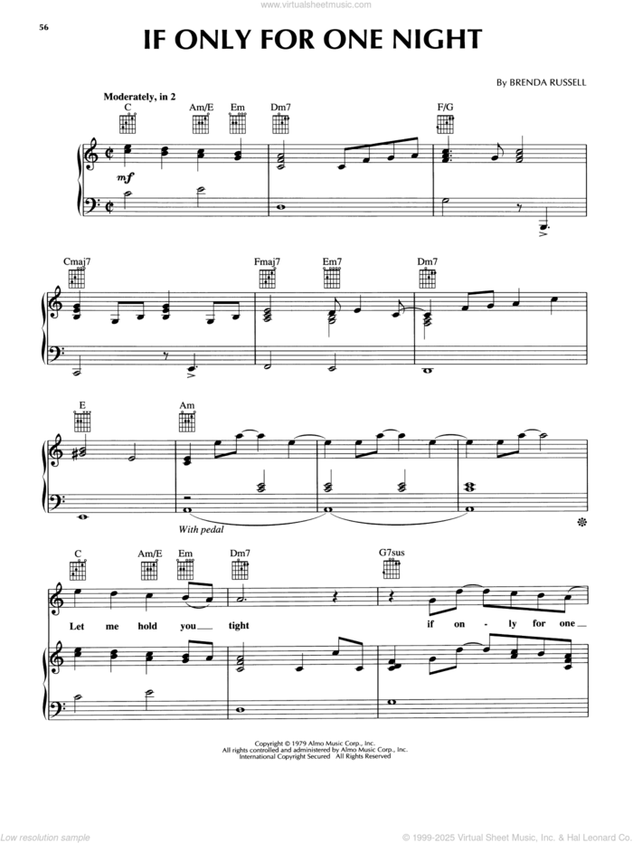 If Only For One Night sheet music for voice, piano or guitar by Luther Vandross and Brenda Russell, intermediate skill level